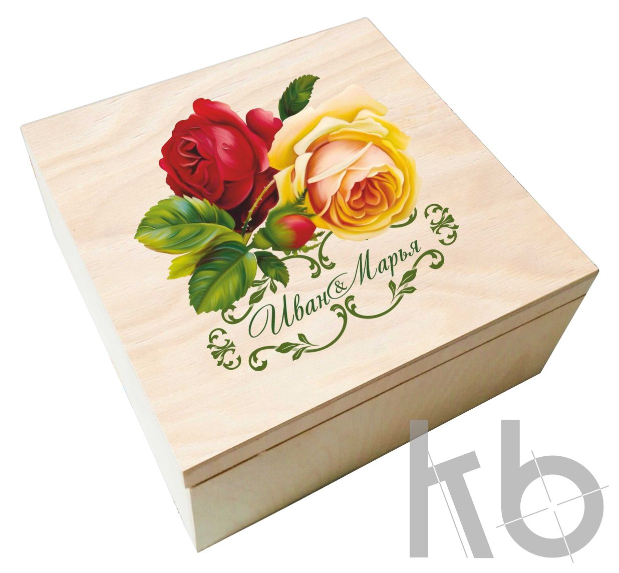 Деревянная коробка с цветами уф печать на крышке