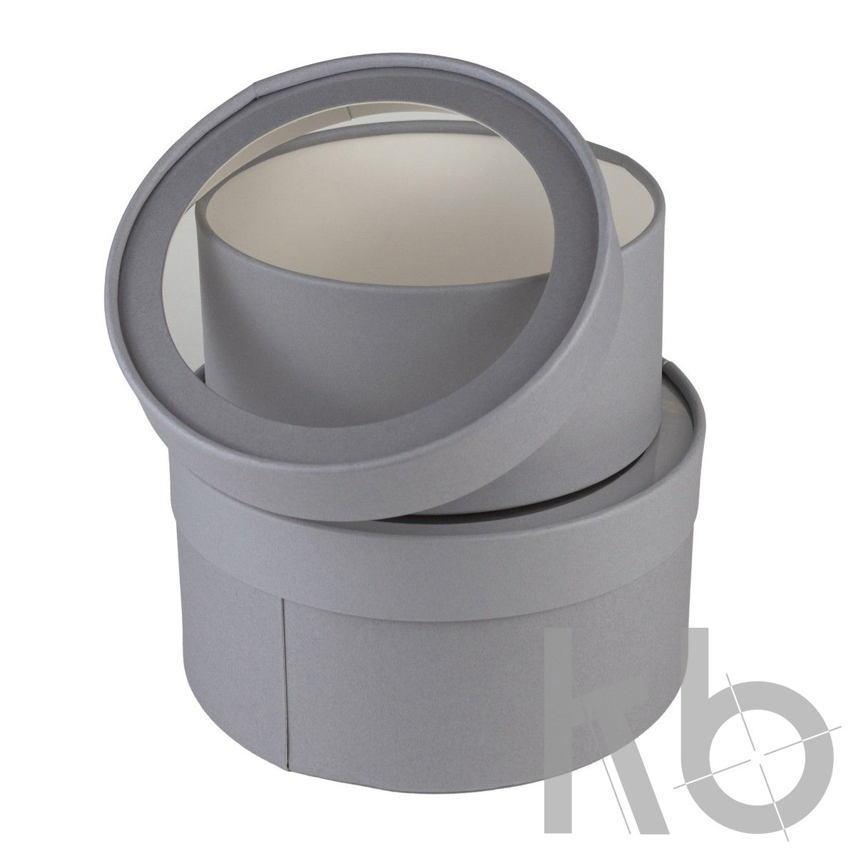 Серая круглая кашированная коробка с окном