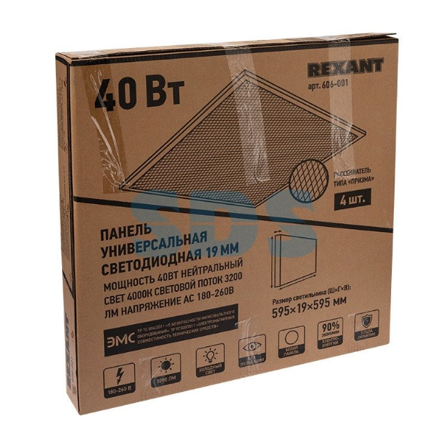 Панель универсальная светодиодная REXANT 19 мм ПРИЗМА 595x595 40 Вт 180–260 В IP20 3300 Лм 4000 K нейтральный свет