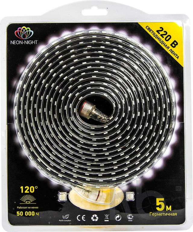 LED Лента 220В, 6x10.6 мм, IP67, SMD 3014, 120 LED/m, цвет свечения теплый белый, 5м (с комплектом подключения)